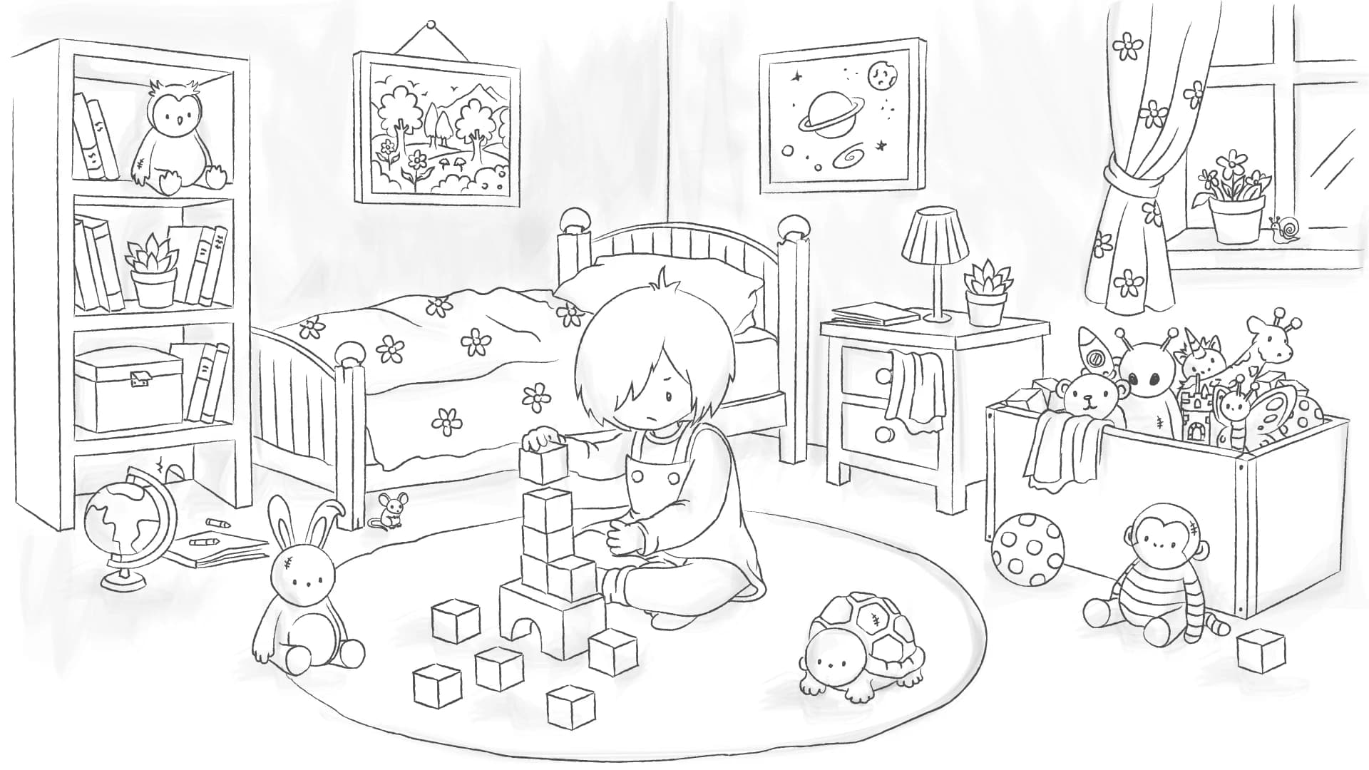 Original pencil storyboard: Flo building a tower of wooden blocks in the bedroom