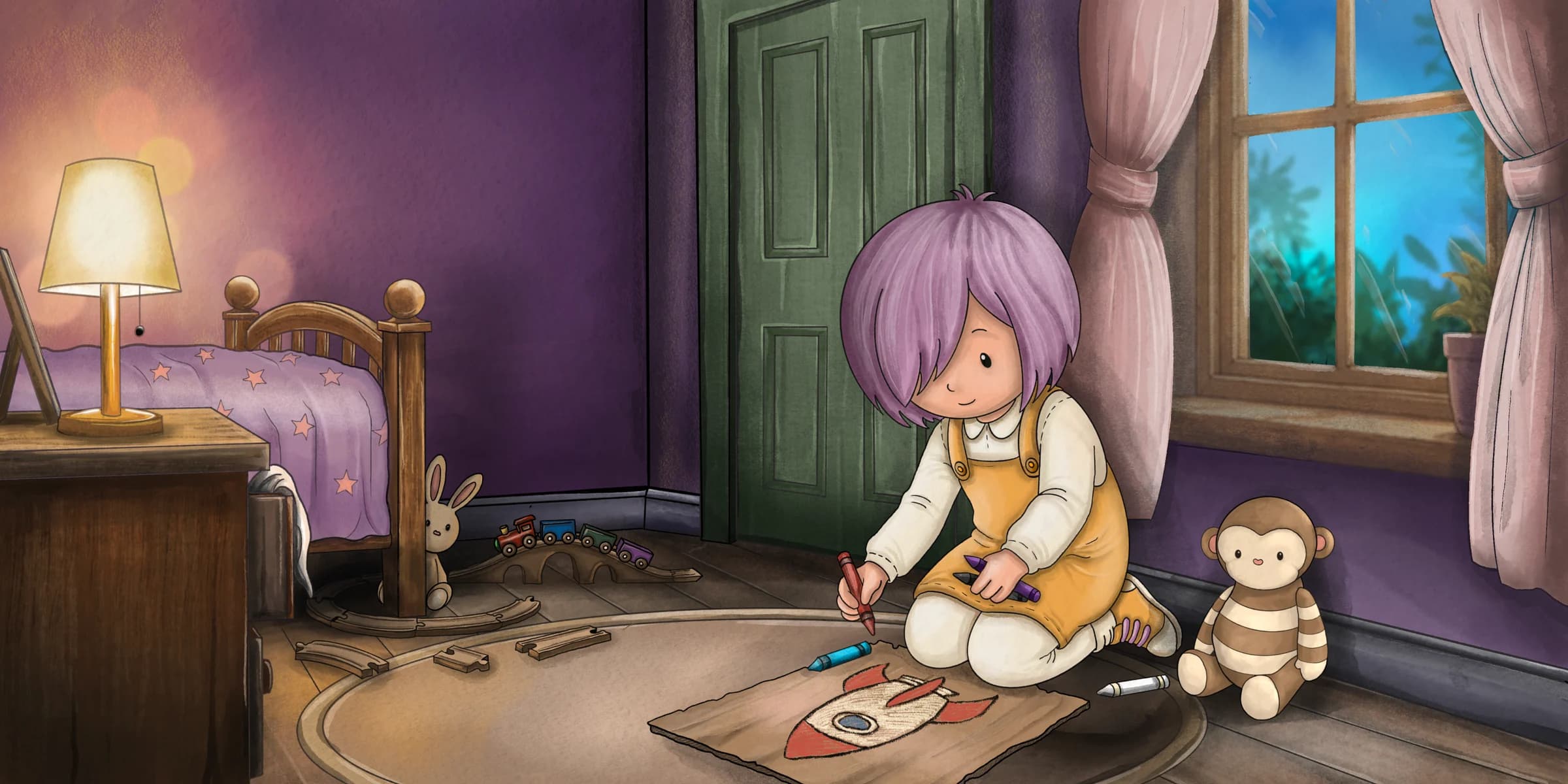 Flo drawing a red rocket on cardboard, with a toy monkey beside them in a cosy bedroom