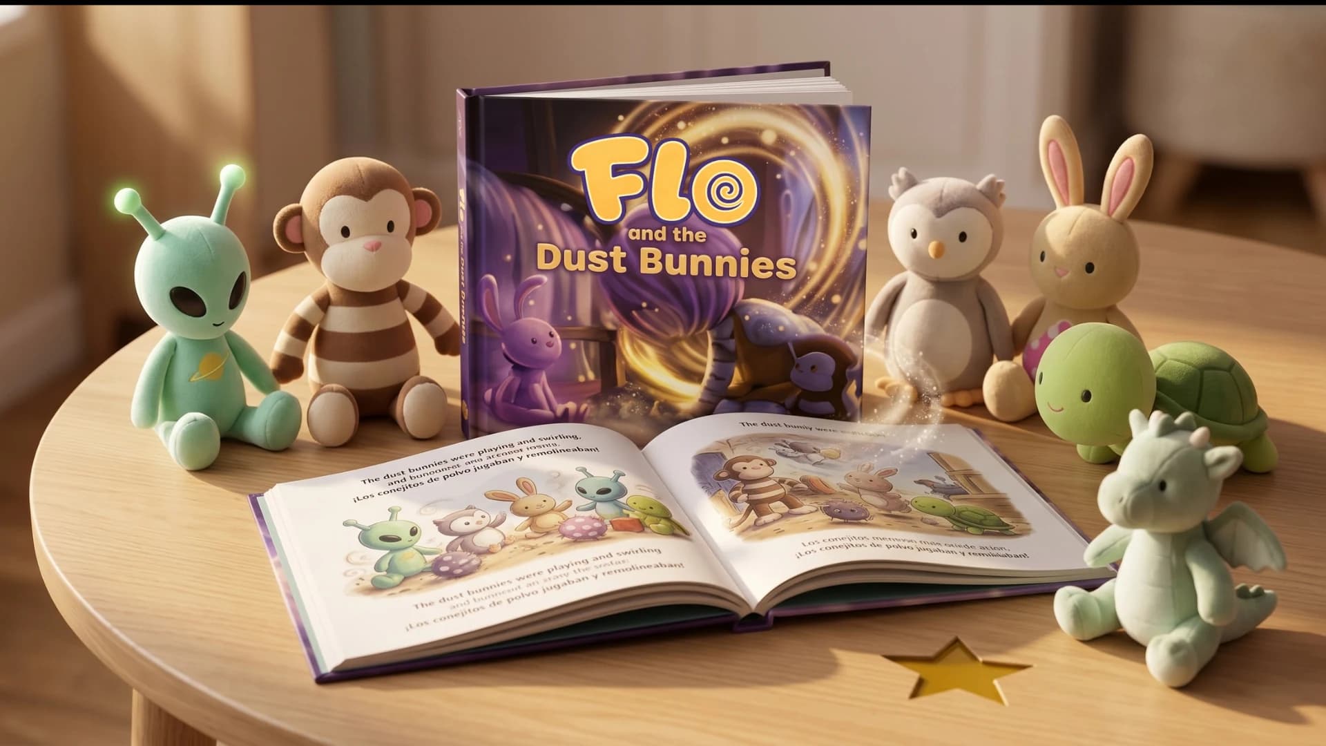 Flo with the Dust Bunnies storybook and an open illustrated book surrounded by Flo’s soft toy friends