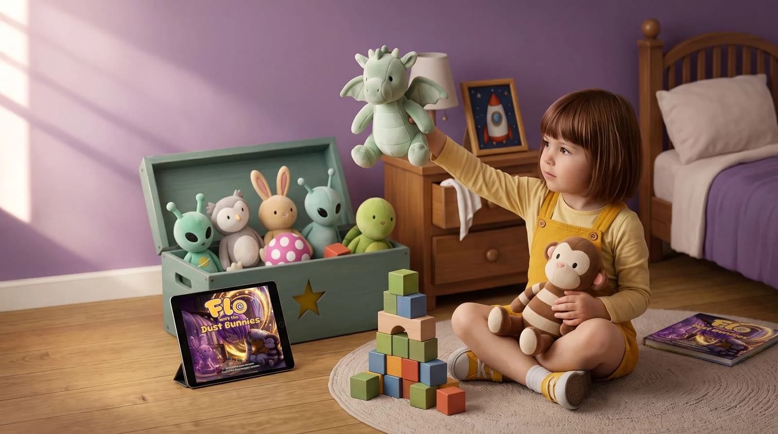 A child playing with Flo soft toys and building blocks, beside a Flo storybook and tablet