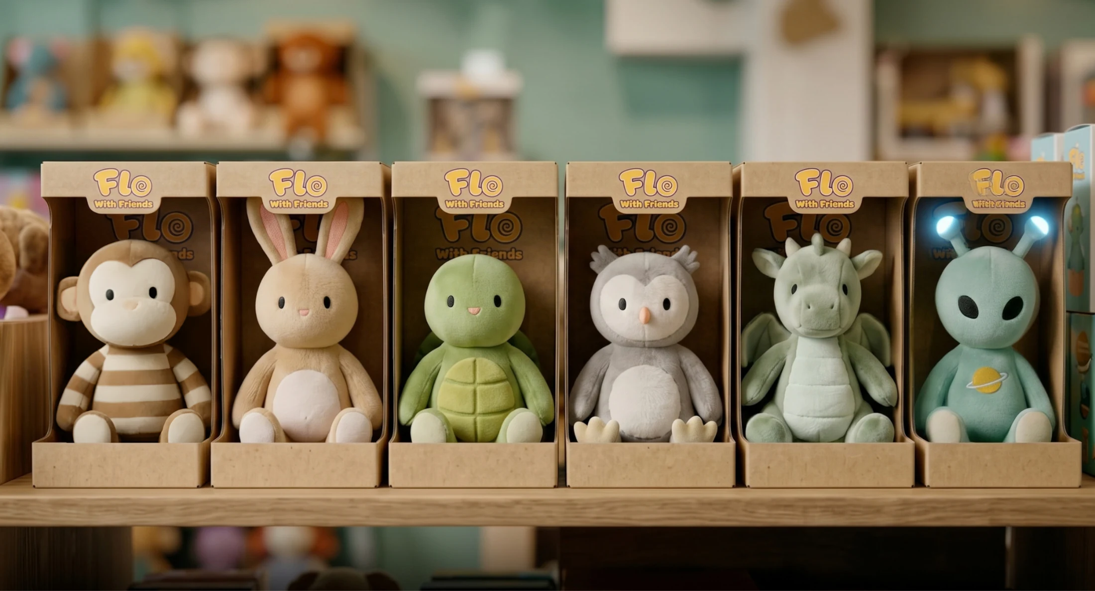 Six Flo with Friends soft toys lined up in their boxes: a monkey, rabbit, tortoise, owl, dragon, and alien